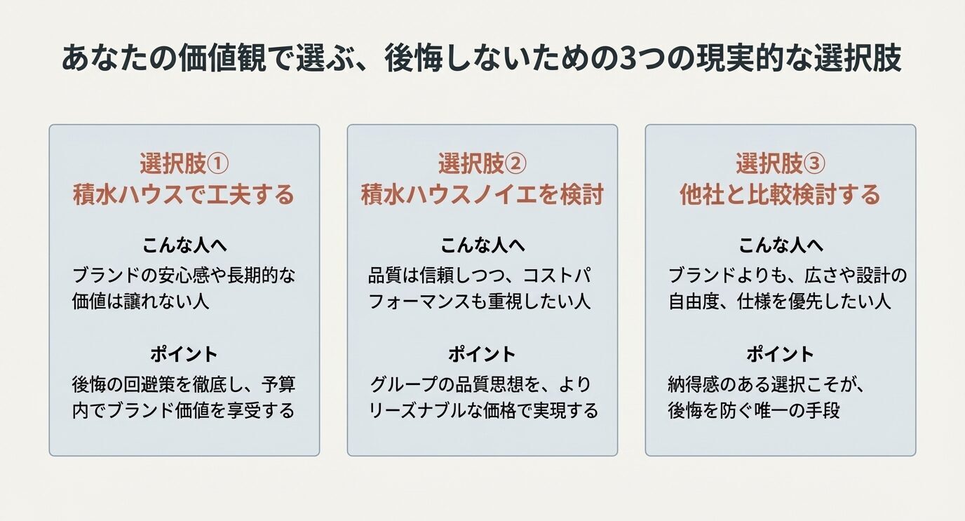 積水ハウスで工夫する、積水ハウスノイエを検討する、他社と比較するという3つの選択肢の特徴と、それぞれの推奨タイプをまとめた図