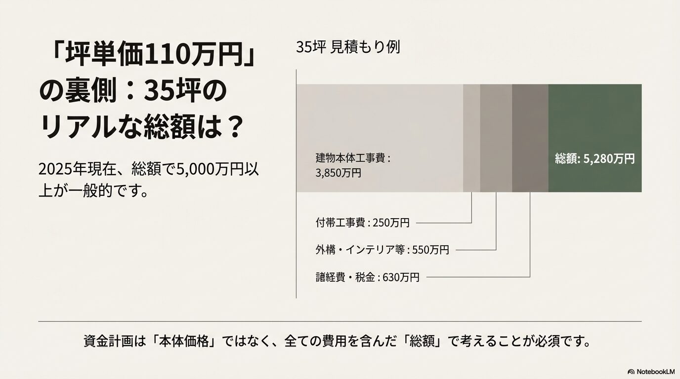 建物本体工事費3,850万円に対し、付帯工事や諸経費を含めた総額が5,280万円になる見積もり内訳の棒グラフ画像