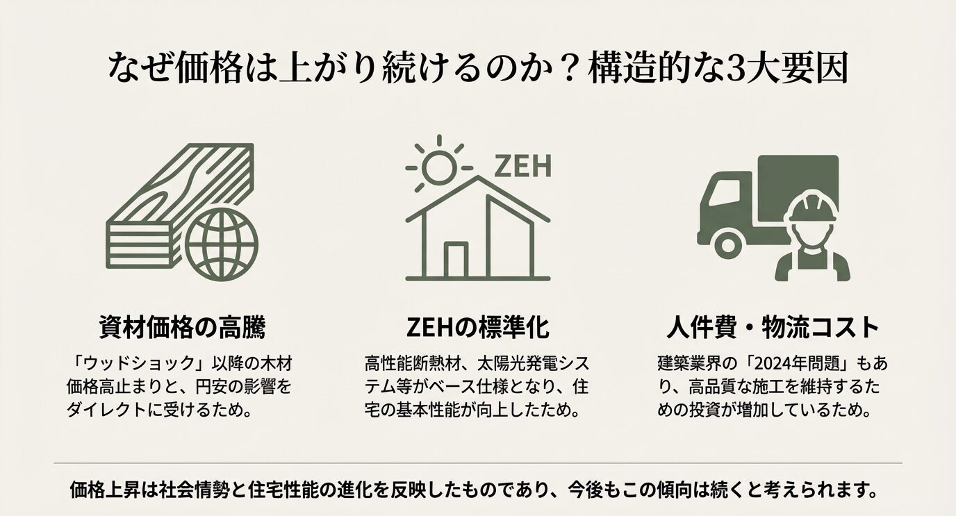 シャーウッドの価格が上がり続ける3つの理由（資材価格の高騰、ZEHの標準化、人件費・物流コストの増加）を解説した図