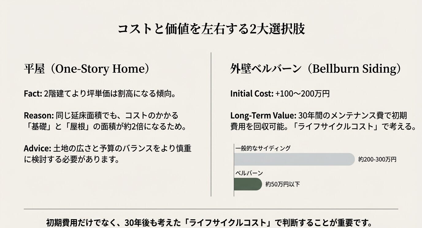 平屋が割高になる理由（基礎・屋根面積増）と、外壁ベルバーンの初期費用対ライフサイクルコストの比較を示した画像