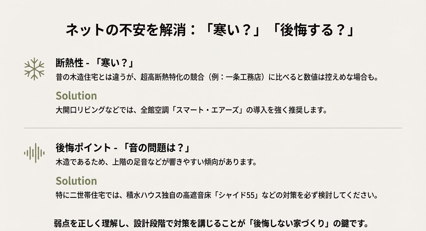 ネット上の不安「寒い？」「音は？」に対する回答と、全館空調や高遮音床シャイド55という具体的な解決策をまとめた画像