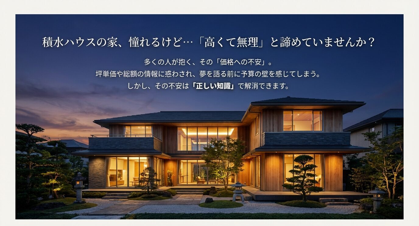 積水ハウスの邸宅イメージ。「高くて無理」という価格への不安は正しい知識で解消できることを伝えるスライド