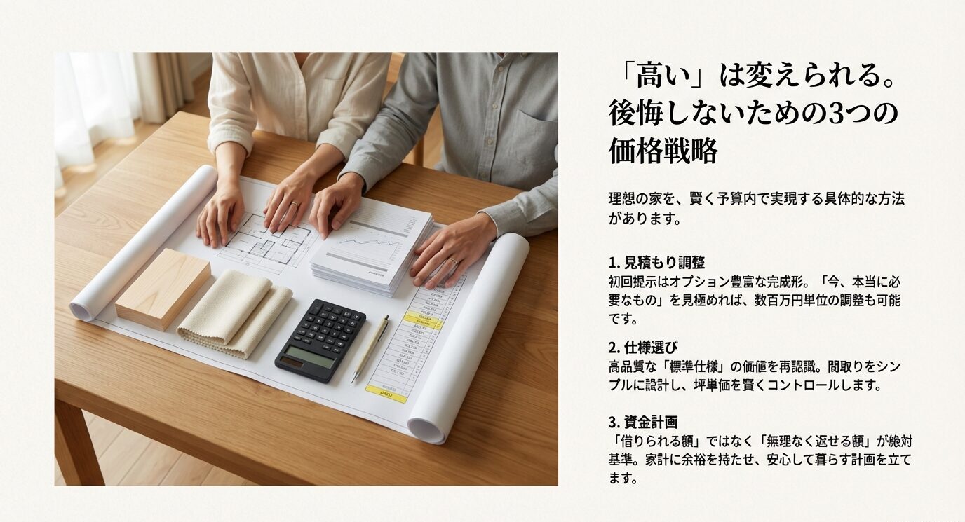 理想の家を予算内で実現するための3つの方法（見積もり調整、仕様選び、資金計画）をまとめた解説スライド