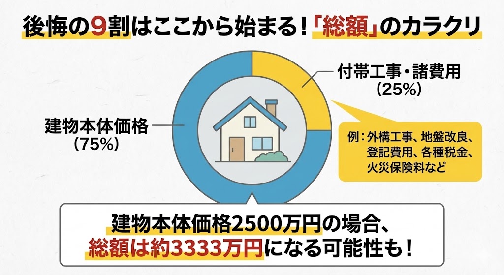 住宅購入における総額の内訳を示す円グラフ。建物本体価格が75%、付帯工事費や諸費用が25%を占めることを示している。