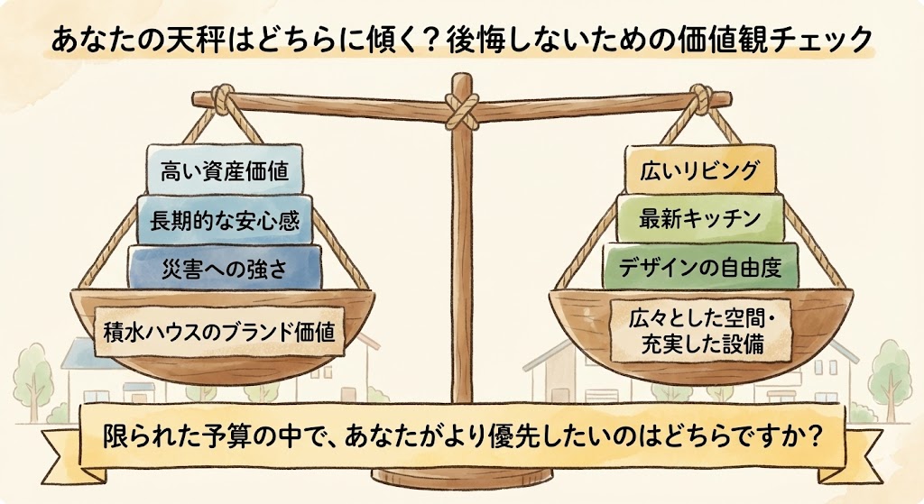 家づくりの価値観を示す天秤のイラスト。左皿には積水ハウスのブランドがもたらす長期的な価値、右皿には家の広さや設備といった短期的な満足が乗っており、どちらを優先するかを問いかけている。