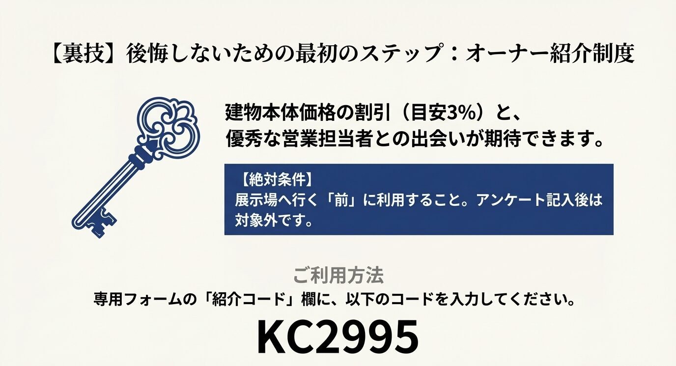 積水ハウスのオーナー紹介制度を利用するための紹介コードKC2995と建物本体価格割引のメリット