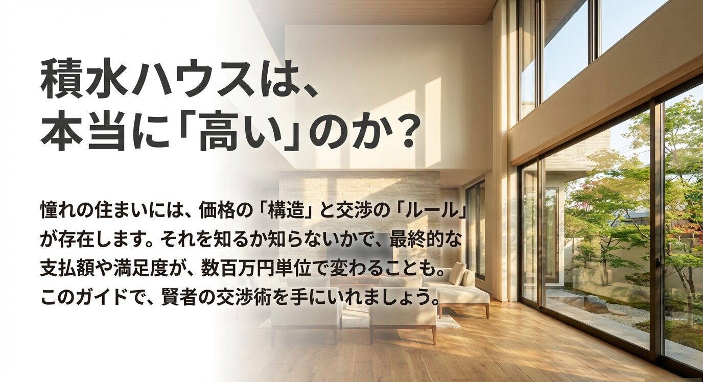 積水ハウスは本当に高いのかという問いかけと、価格の構造と交渉のルールを知るためのガイドというタイトルが書かれたスライド画像。