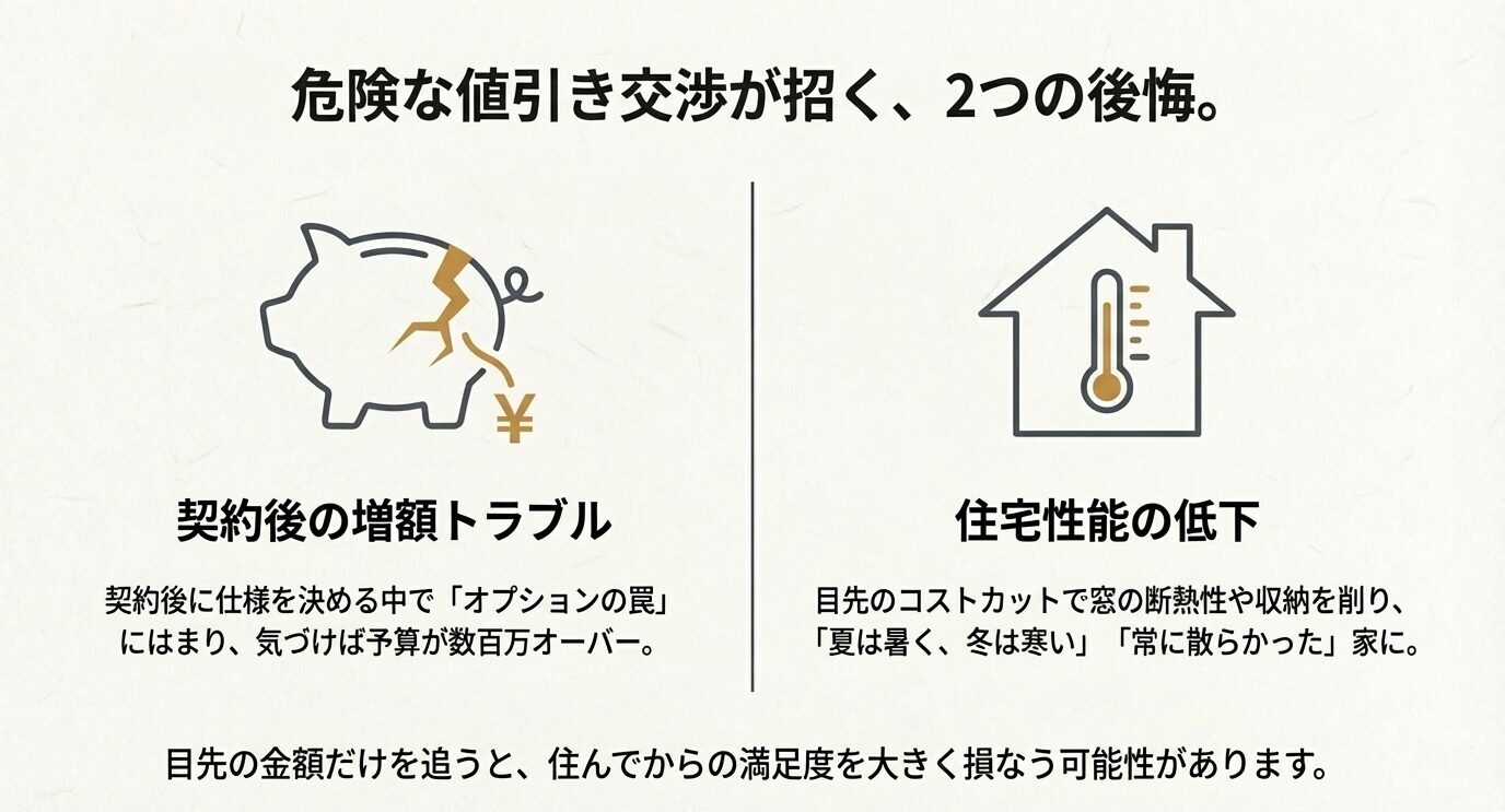 契約後のオプションによる増額トラブルと、断熱性や収納を削ることによる住宅性能の低下という、危険な交渉が招く2つの後悔について説明するスライド。
