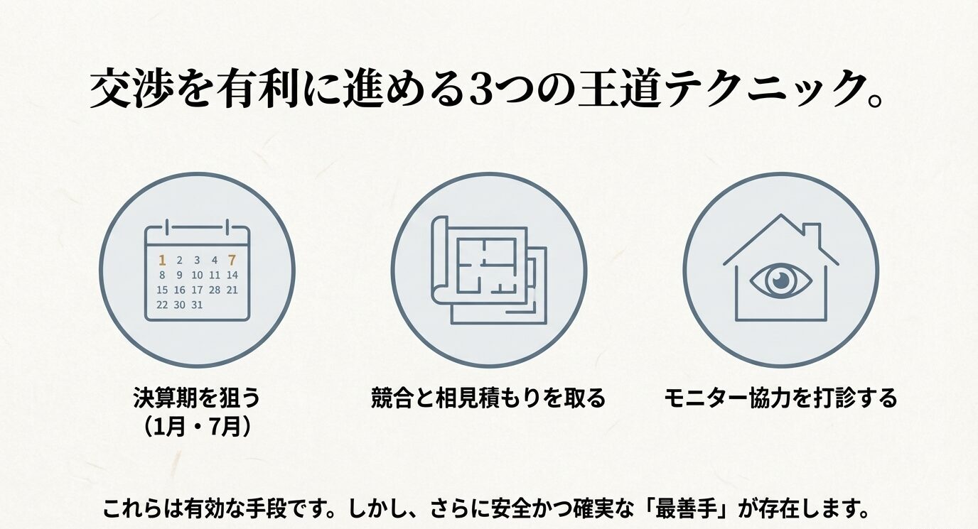 決算期の活用、競合との相見積もり、モニター協力という3つの王道テクニックと、さらに確実な最善手が存在することを示すカレンダーと図面のアイコン入りスライド。