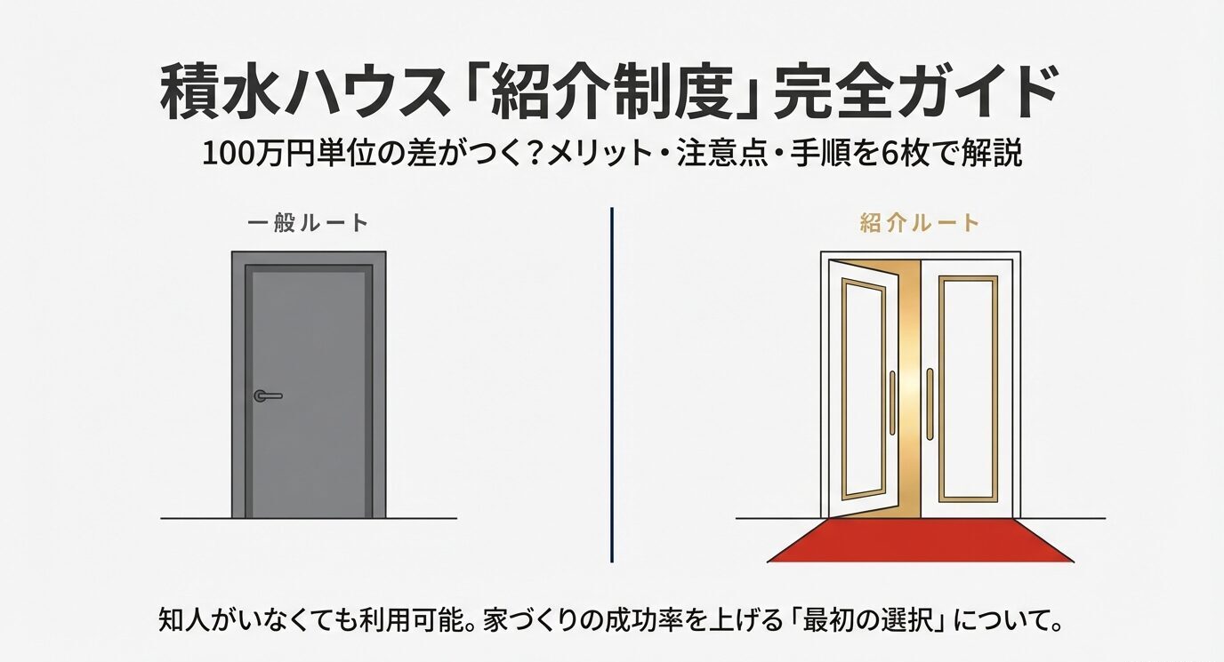 一般ルートと紹介ルートの扉のイラスト比較。知人がいなくても利用可能で、100万円単位の差がつく紹介制度のメリットと手順を解説した表紙スライド。