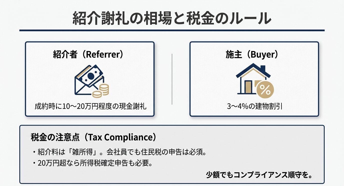 紹介者が受け取る10〜20万円の現金謝礼と、施主が受ける3〜4%の割引メリットの図解。紹介料は雑所得となり、確定申告や住民税の申告が必要であることを示す注意書き。