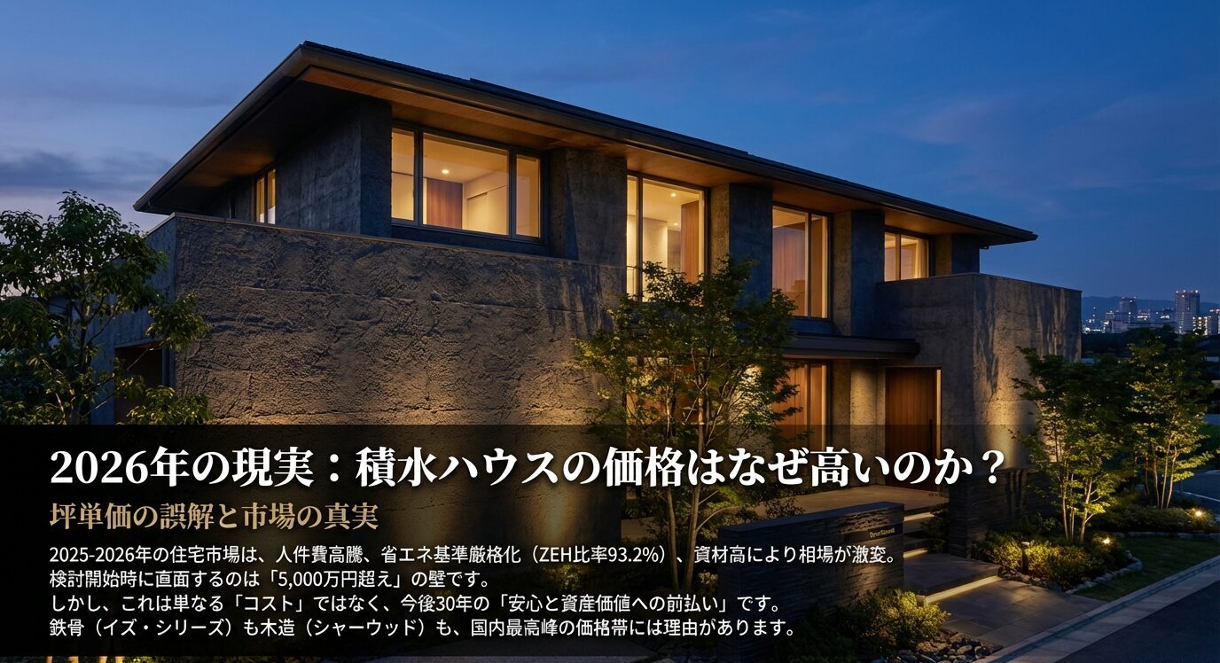 2026年の住宅市場における価格高騰の背景（人件費、省エネ基準、資材高）と、積水ハウスの価格が「安心への前払い」である理由を解説したスライド。