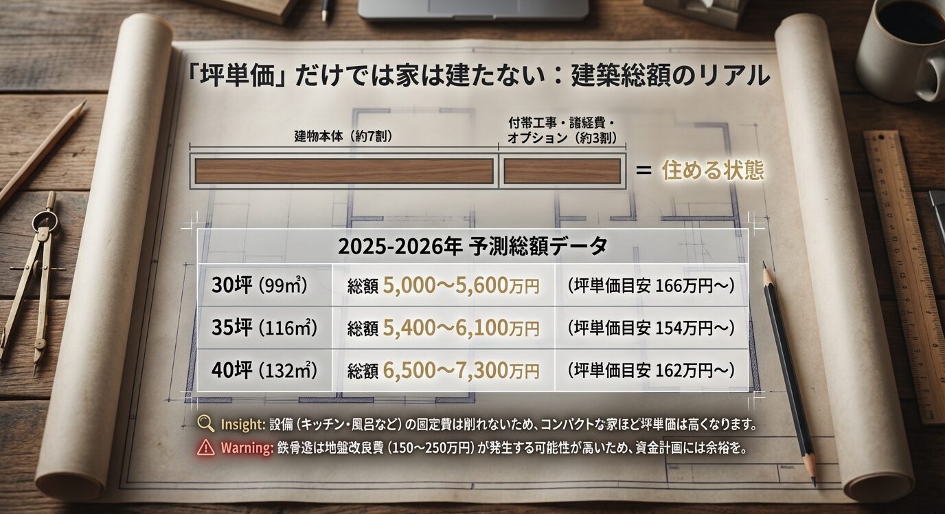 建物本体価格と付帯工事費・オプション費用の比率（7:3）。30坪・35坪・40坪ごとの建築総額目安と、地盤改良費などの注意点をまとめた図解。