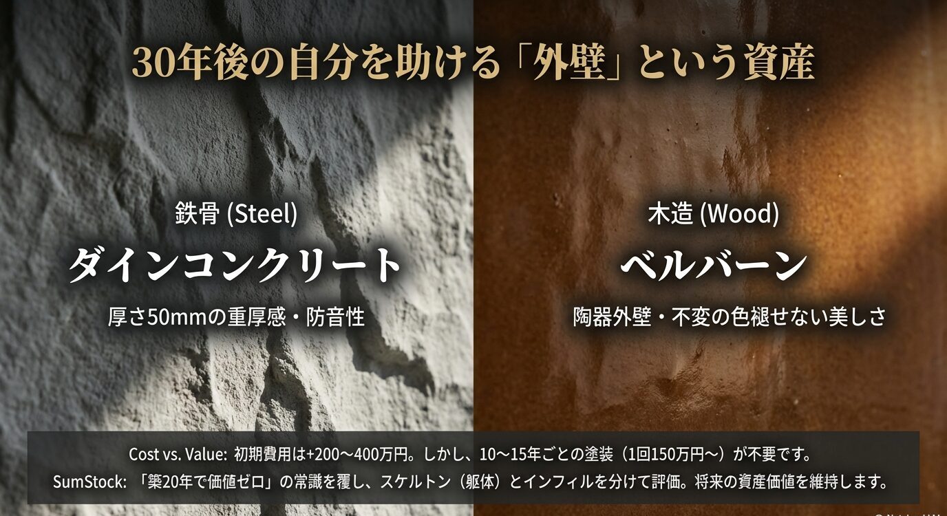 鉄骨のダインコンクリートと木造のベルバーンの特徴。初期費用は高いが、塗装メンテナンス不要により将来の資産価値を維持できる仕組み（スムストック）の解説。