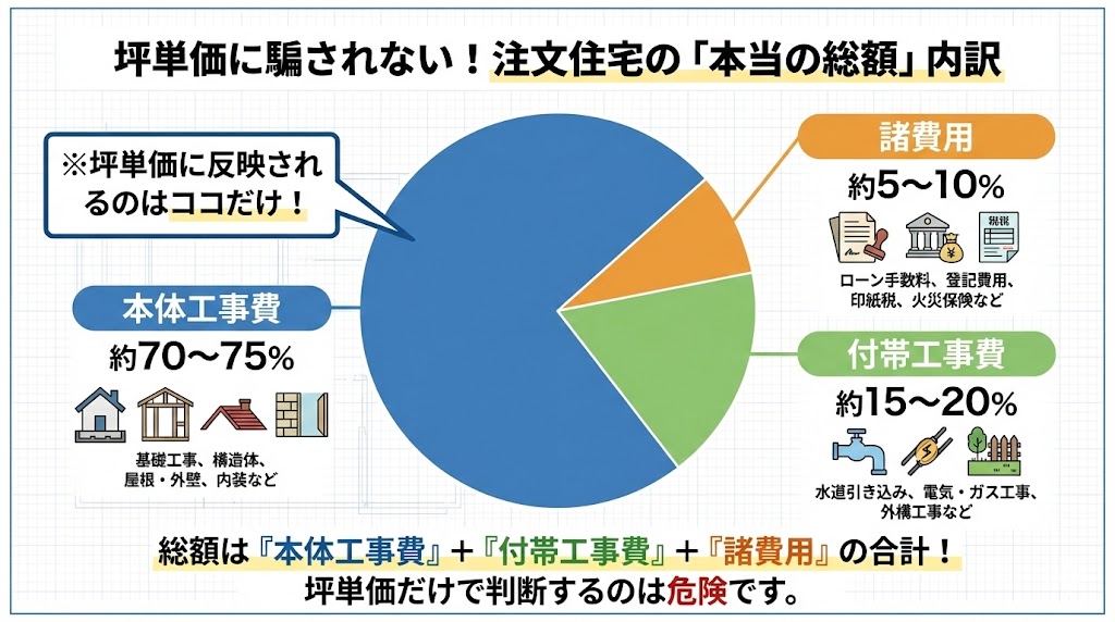 注文住宅の総額内訳を示す円グラフ。本体工事費が約7割、付帯工事費と諸費用が約3割を占めることを解説。