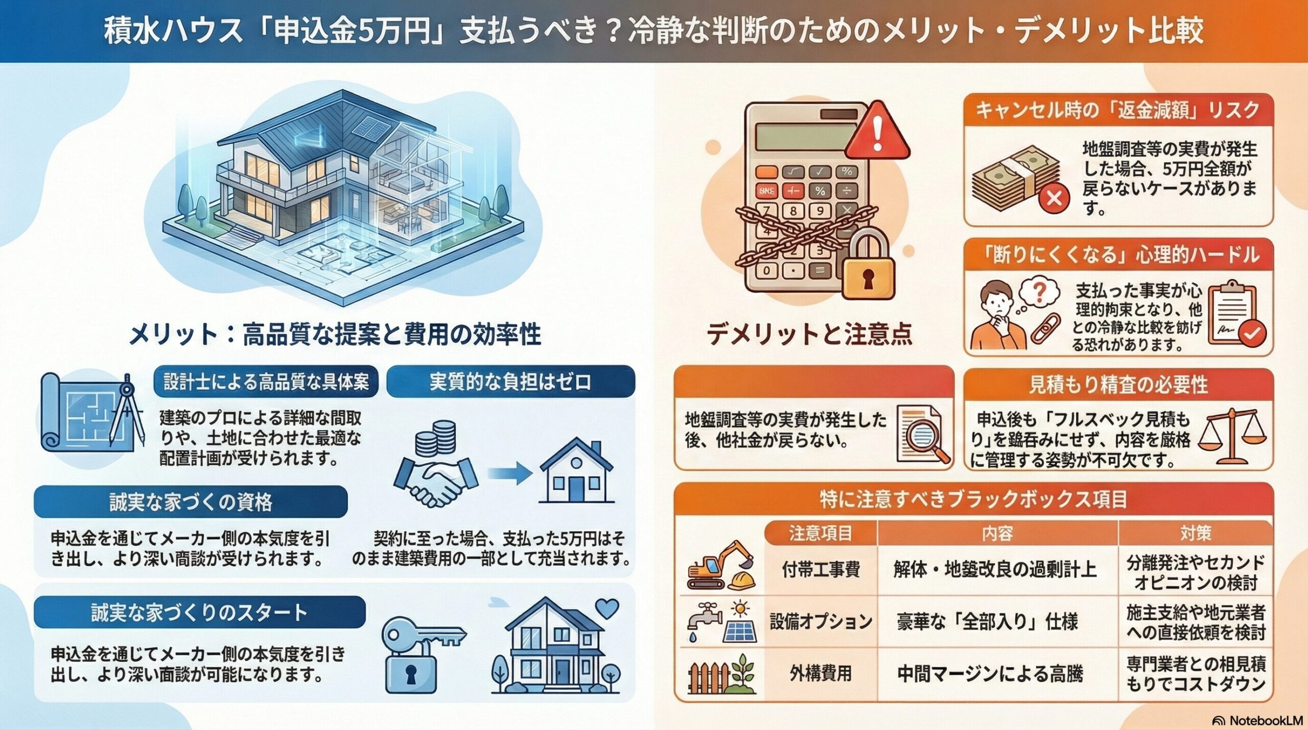 積水ハウスの5万円申込金におけるメリットとデメリットの比較図